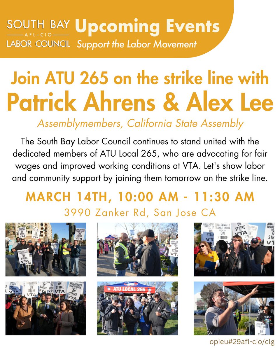 South Bay Labor Council (@sobaylabor) on Twitter photo Today at 10am at 3990 Zanker Rd, San Jose, stand in solidarity with our ATU 265 siblings who are fighting for better working conditions at VTA. Assemblymember <a href="/alex_lee/">Alex Lee 李天明 (votealexlee.bsky.social)</a> and Assemblymember <a href="/PatrickAhrens1/">Patrick Ahrens</a> will be there to show their support, and we hope you will join us as well! Today at 10am at 3990 Zanker Rd, San Jose, stand in solidarity with our ATU 265 siblings who are fighting for better working conditions at VTA. Assemblymember <a href="/alex_lee/">Alex Lee 李天明 (votealexlee.bsky.social)</a> and Assemblymember <a href="/PatrickAhrens1/">Patrick Ahrens</a> will be there to show their support, and we hope you will join us as well!