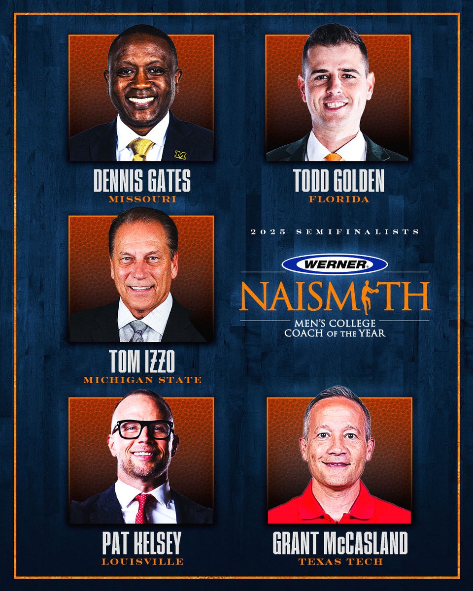 NaismithTrophy's tweet photo. 𝗖𝗲𝗹𝗲𝗯𝗿𝗮𝘁𝗶𝗻𝗴 𝗲𝘅𝗰𝗲𝗹𝗹𝗲𝗻𝗰𝗲 💫

Introducing our 2025 Werner Ladder Naismith Men’s College Coach of the Year Semifinalists 🏀

@Werner_Safety | #WernerLadderNaismith2025 https://t.co/yXRyKSk7p0