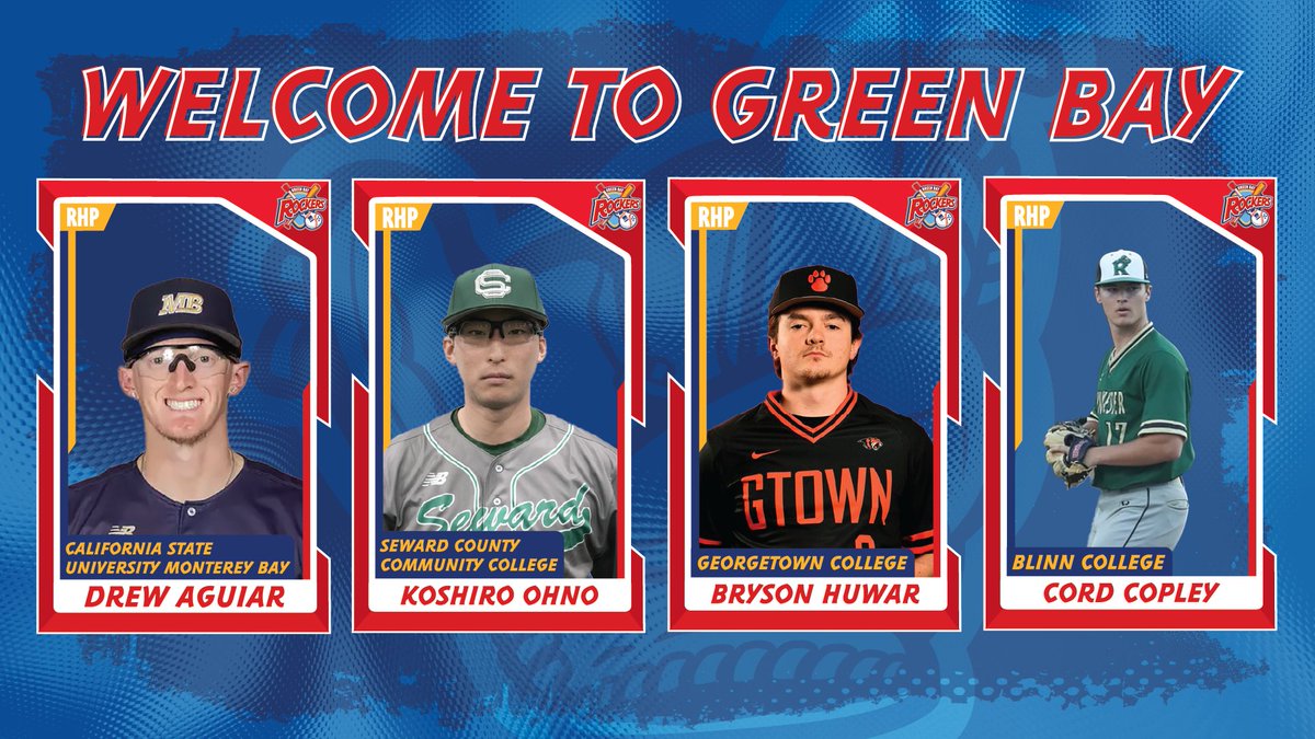Green Bay Rockers (@gbrockers) on Twitter photo Next on deck, presented by <a href="/GEContracting/">GE Contracting LLC</a>, we have some right-handed pitchers joining us this summer. Let's give a Midwest welcome to Drew Aguiar, <a href="/koshiro_ohno/">Koshiro Ohno</a>, <a href="/BrysonHuwar/">Bryson JQ Huwar</a>, and <a href="/CopleyCord/">Cord Copley</a>.🤘
Read more about them here: tinyurl.com/ynbuxwmx Next on deck, presented by <a href="/GEContracting/">GE Contracting LLC</a>, we have some right-handed pitchers joining us this summer. Let's give a Midwest welcome to Drew Aguiar, <a href="/koshiro_ohno/">Koshiro Ohno</a>, <a href="/BrysonHuwar/">Bryson JQ Huwar</a>, and <a href="/CopleyCord/">Cord Copley</a>.🤘
Read more about them here: tinyurl.com/ynbuxwmx