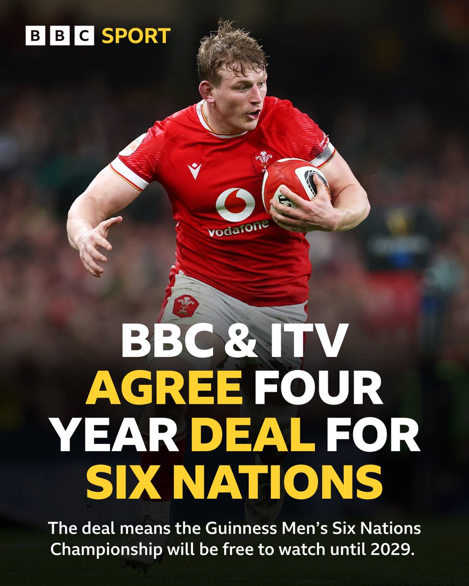 BBC Sport Wales (@bbcsportwales) on Twitter photo We have another FOUR years of <a href="/SixNationsRugby/">Guinness Men's Six Nations</a> locked in! 🔐
BBC Sport and ITV have agreed a new four-year deal for the live free-to-air rights for the Men's Six Nations to 2029. ✅
#BBCRugby #SixNations We have another FOUR years of <a href="/SixNationsRugby/">Guinness Men's Six Nations</a> locked in! 🔐
BBC Sport and ITV have agreed a new four-year deal for the live free-to-air rights for the Men's Six Nations to 2029. ✅
#BBCRugby #SixNations