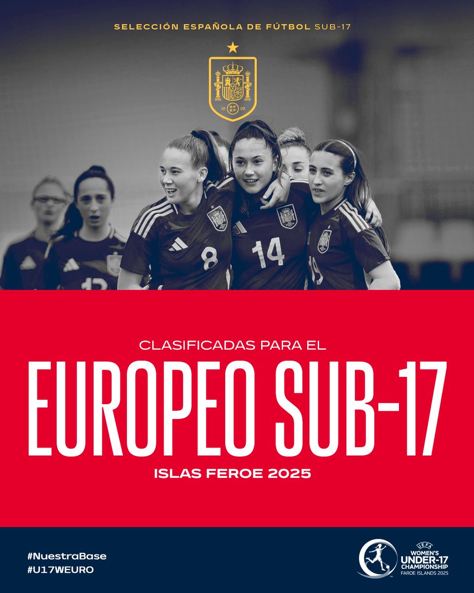 🎊 ¡𝗖𝗟𝗔𝗦𝗜𝗙𝗜𝗖𝗔𝗗𝗔𝗦 para el Europeo sub-17!

🔝 La <a href="/SEFutbolFem/">Selección Española Femenina de Fútbol</a> defenderá el título en Islas Feroe del 4 al 17 de mayo.

❤️ ¡Enhorabuena, equipo!

#NuestraBase | #U17WEURO