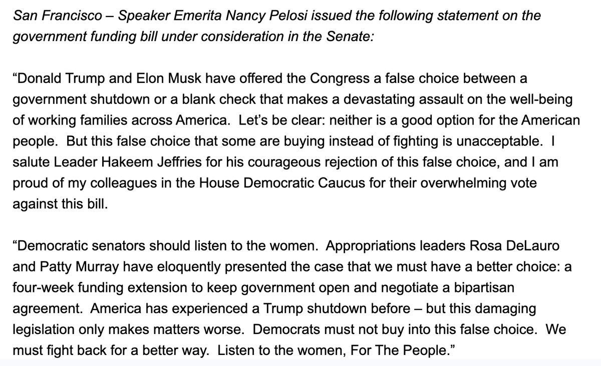 Nancy Pelosi says Chuck Schumer is wrong and the House GOP's CR is worse than a govt shutdown.

"Let’s be clear: neither is a good option for the American people," she says. "But this false choice that some are buying instead of fighting is unacceptable."
