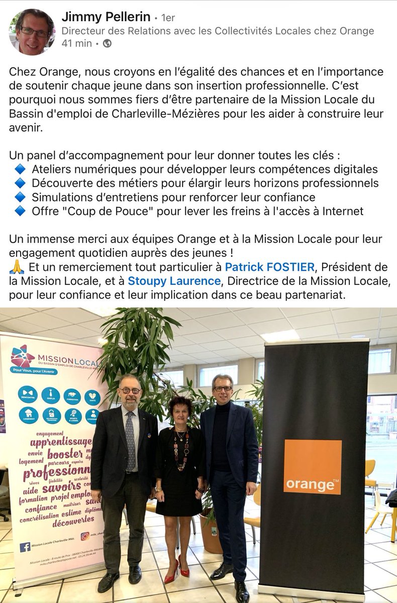 C’est un plaisir et un soutien de grande qualité pour notre Mission locale que ce partenariat avec Orange.  Un grand merci, cher Jimmy pour nous accompagner régulièrement.