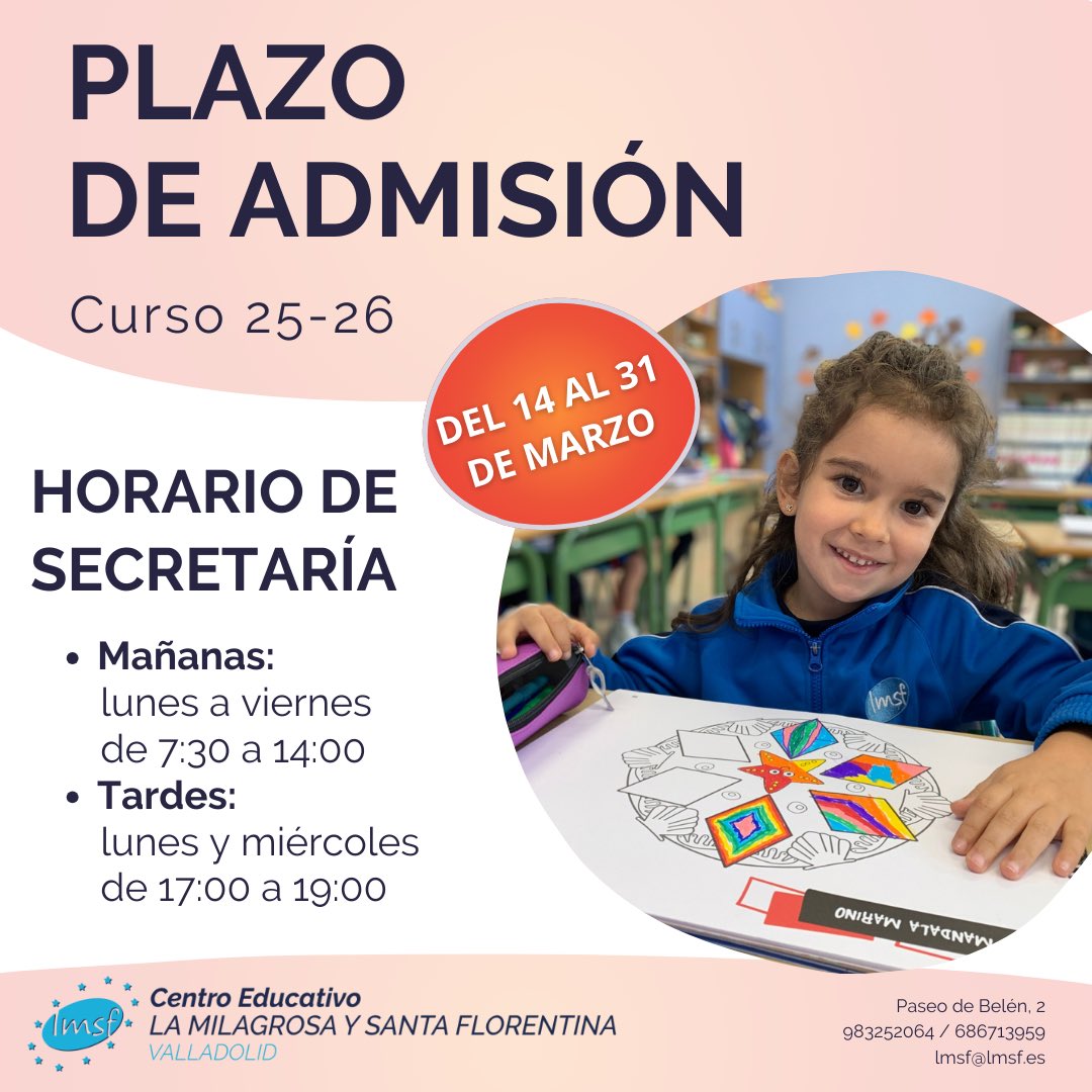 lmsfva's tweet photo. ✏️Comienza el plazo de admisión para el curso 25-26!
Del 14 al 31 de marzo.
Podéis encontrar más info en: https://t.co/PuWSif3GXi
Os esperamos!
#Escolarización #Admisión #CentroConcertado #Exigencia #Cercanía #Bilingüe #ETGC #ClimaFamiliar #EducacióndeCalidad #CocinaPropia https://t.co/wNSoVLLTYv