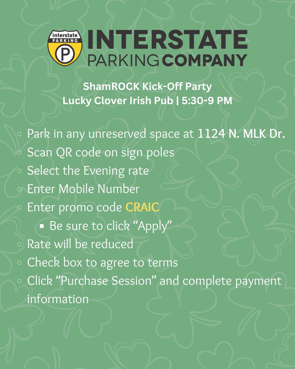 MkeStPatsParade's tweet photo. Heading to the ShamROCK Kick-Off Party tomorrow? Thanks to our friends at @InterstatePK, follow these steps to get discounted parking! 😎☘️ https://t.co/wg9W7X0ZBI