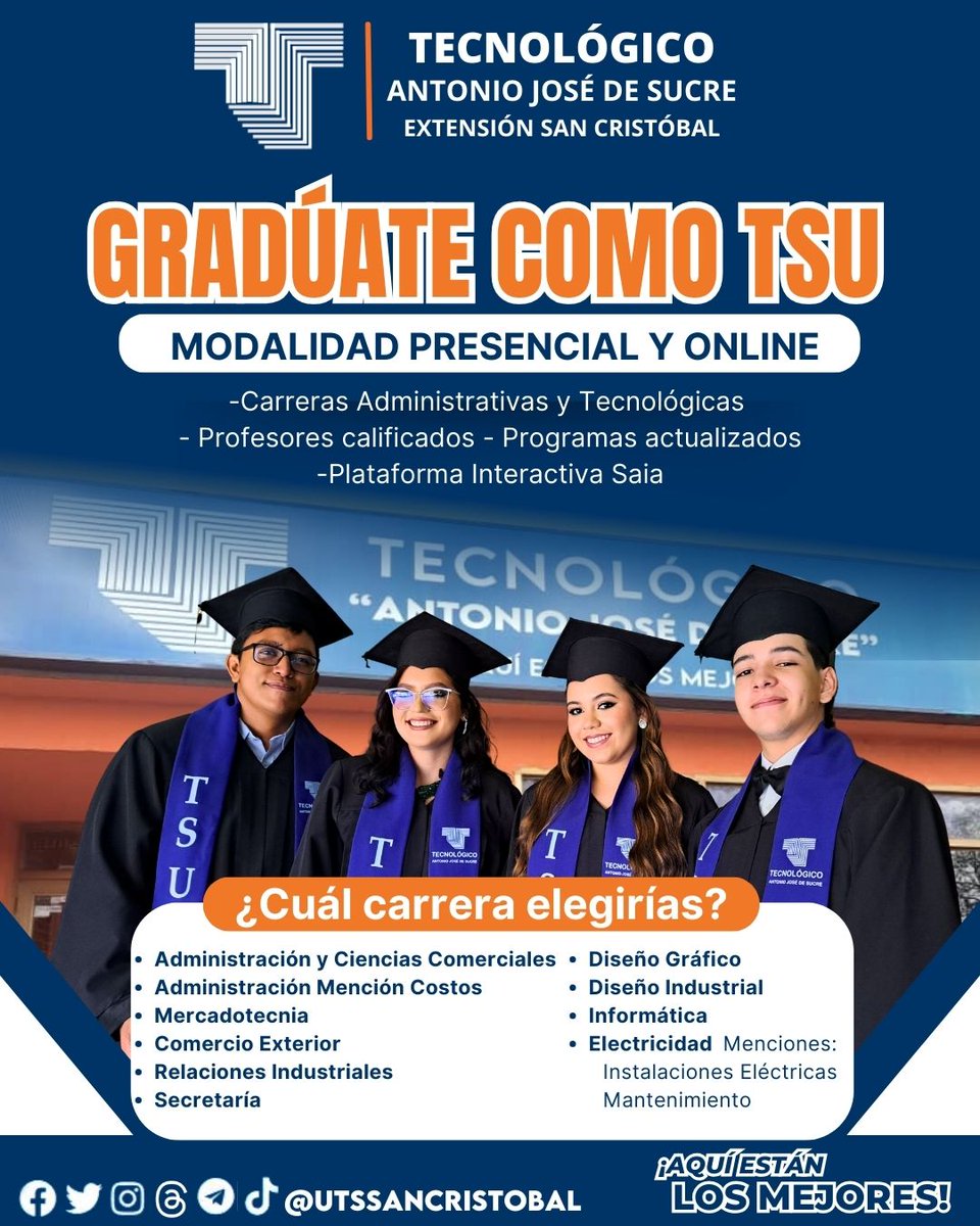 UTSsancristobal's tweet photo. Estudia en el Tecnológico Antonio José de Sucre Extensión San Cristóbal, y da el primer paso hacia tu futuro profesional.
Elige entre nuestras carreras administrativas y tecnológicas.

¿Cuál carrera elegirías tú?
¡Escríbenos y te brindaremos toda la información que necesitas! https://t.co/Ezi6JiAf2s