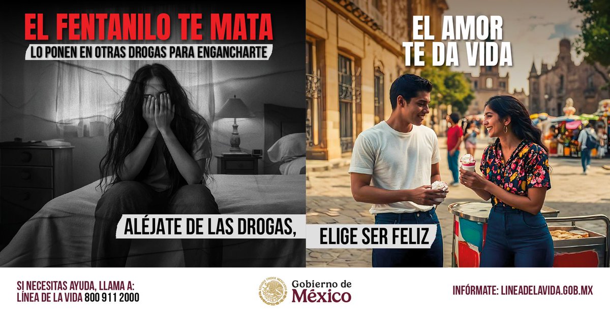 SSalud_mx's tweet photo. El fentanilo no te lleva a nada bueno. 🚫💊

¡Haz lo que amas! Sal con tus amigas y amigos, escucha música, haz deporte. 👫🏻👭🏻🎷🎸 ⛹🏻‍♀️🏋🏻

Disfruta la vida sin riesgos. 👍🏽

Si necesitas ayuda, llama a la #LíneaDeLaVida: 📞 800 911 2000.

#ElFentaniloTeMata #AléjateDeLasDrogas https://t.co/CjlmGL8WJq