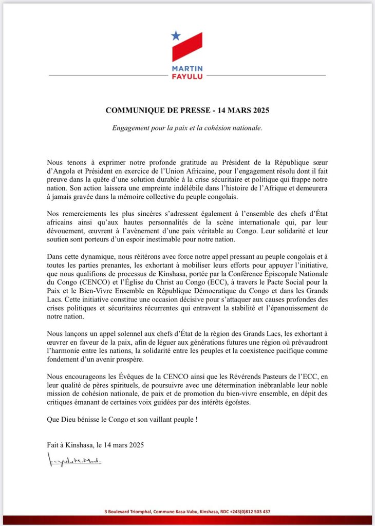 Nous tenons à exprimer notre profonde gratitude au Président de la République sœur d’Angola et Président en exercice de l’Union Africaine, pour l’engagement résolu dont il fait preuve dans la quête d’une solution durable à la crise sécuritaire et politique qui frappe notre