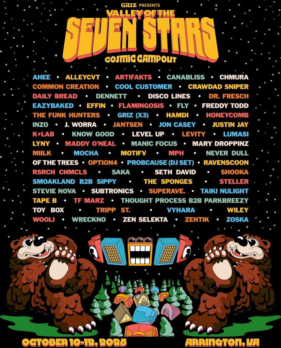 EMC_Electronic's tweet image. Valley of the Seven Stars (Cosmic Campout) lineup is out and it is amazing! 3x @Griz , @miilkofficial @iamsethdavid @codenamewiley @mph_uk + many more! 🔥