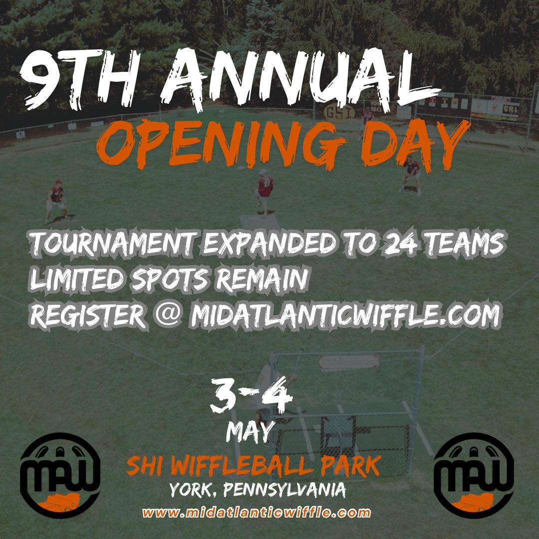 After reviewing both the demand for and the ability to accommodate more teams, MAW officials have expanded the Opening Day Tournament to 24 teams! Register now as while spots remain.

If we do not hit 24, any teams who registered after 20 will be issued a full refund.