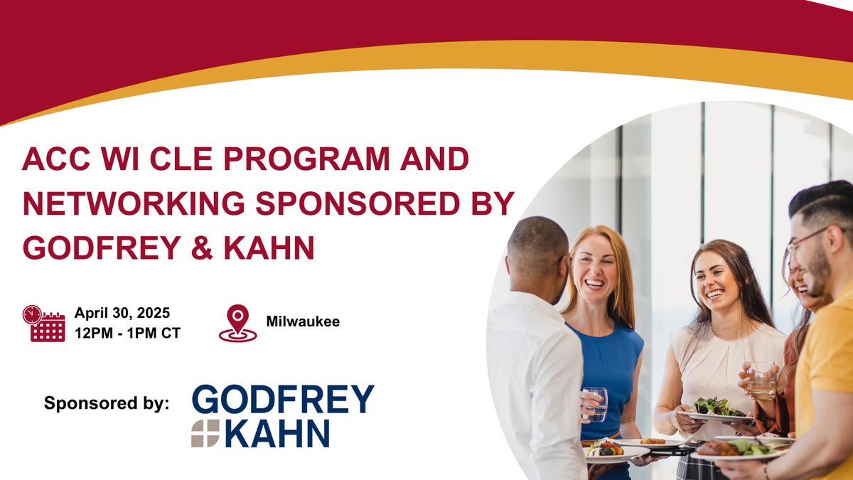 ACCWI2023's tweet photo. Save the Date for an April CLE at Godfrey &amp; Kahn! Join the IP and Corporate teams in Milwaukee on April 30th from noon – 1:00 for a presentation on IP agreements, ownership, and lessons learned from due diligence. Lunch will be provided. 1.0 CLE is anticipated. https://t.co/LPClAebKzi