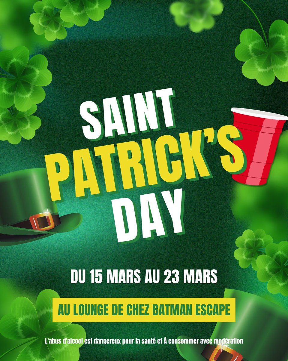 Tu fais quoi pour la Saint-Patrick ? 🍀 

Batman Escape se met au vert et te propose de fêter la Saint-Patrick du 15 au 23 mars !   

Au programme :  
La Pinte à 5€ 
Beer Pong en accès libre  
Si tu viens avec du vert : dégustation surprise !   #saintpatrick #paris #beerpong