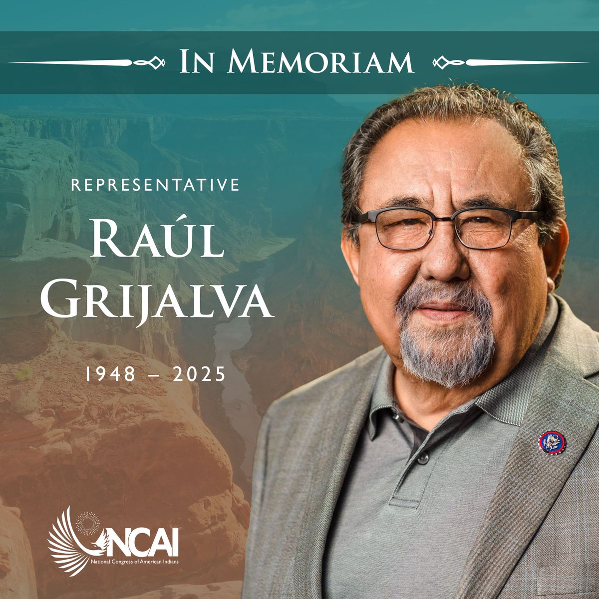 NCAI mourns the loss of Congressman Raúl M. Grijalva, a lifelong ally for Tribal Nations. His unwavering commitment to upholding tribal sovereignty, protecting sacred lands, and advocating for Native communities leaves a lasting legacy.

Full statement: buff.ly/5EHmKki