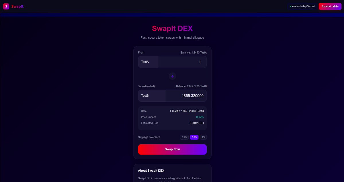Day 3 of #30dAppsIn30Days: SwapIt #DEX

A #dApp built for truly fair and secure trading on the blockchain.

 • Advanced #MEV protection stops front‑running and sandwich attacks.

 • Whale dumping safeguards prevent large orders from destabilizing prices.