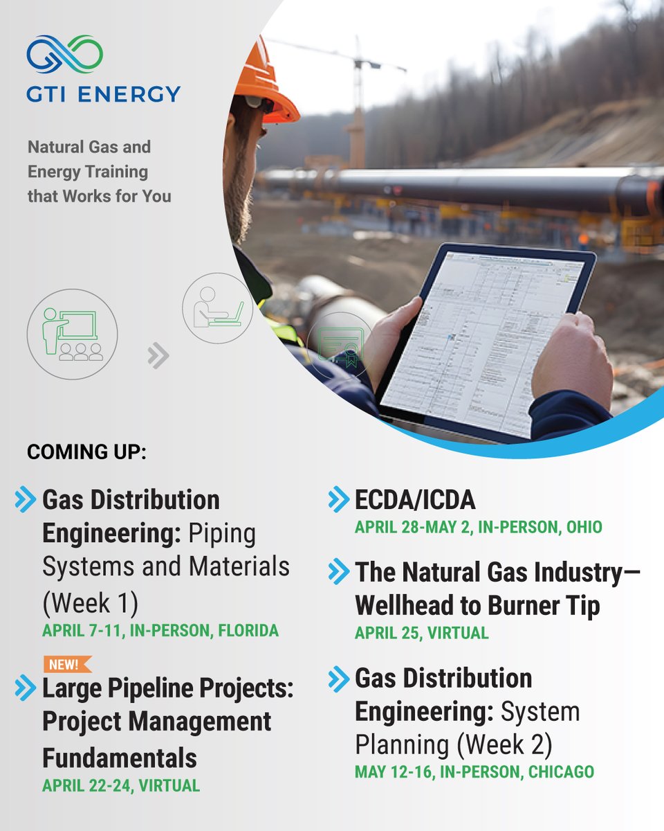 GTIeducation's tweet image. Spring your career forward with five specialized courses in gas infrastructure. Build fundamental skills in gas distribution engineering, project management, corrosion assessment, and more. Use code “take15_2025” for 15% off - register now! 🔗 linkedin.com/posts/gti-trai…