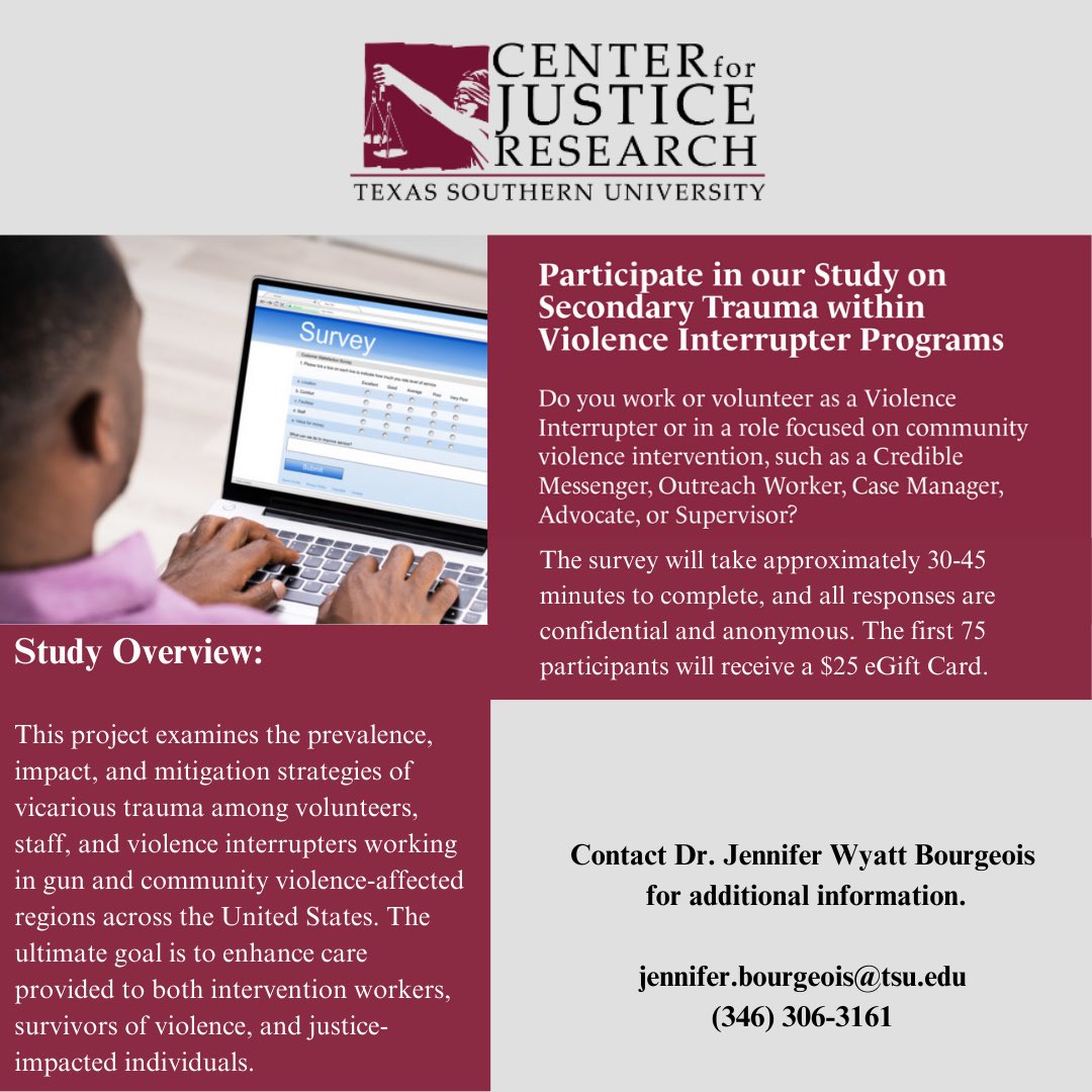 This morning at <a href="/ACJS_National/">Academy of Criminal Justice Sciences</a>, <a href="/cjresearchtsu/">Center for Justice Research</a> presented on Understanding Vicarious Trauma within Community Violence Intervention Programs. If you work/volunteer for a violence intervention program or know someone who does, please share our flier &amp; contact us for the survey link.