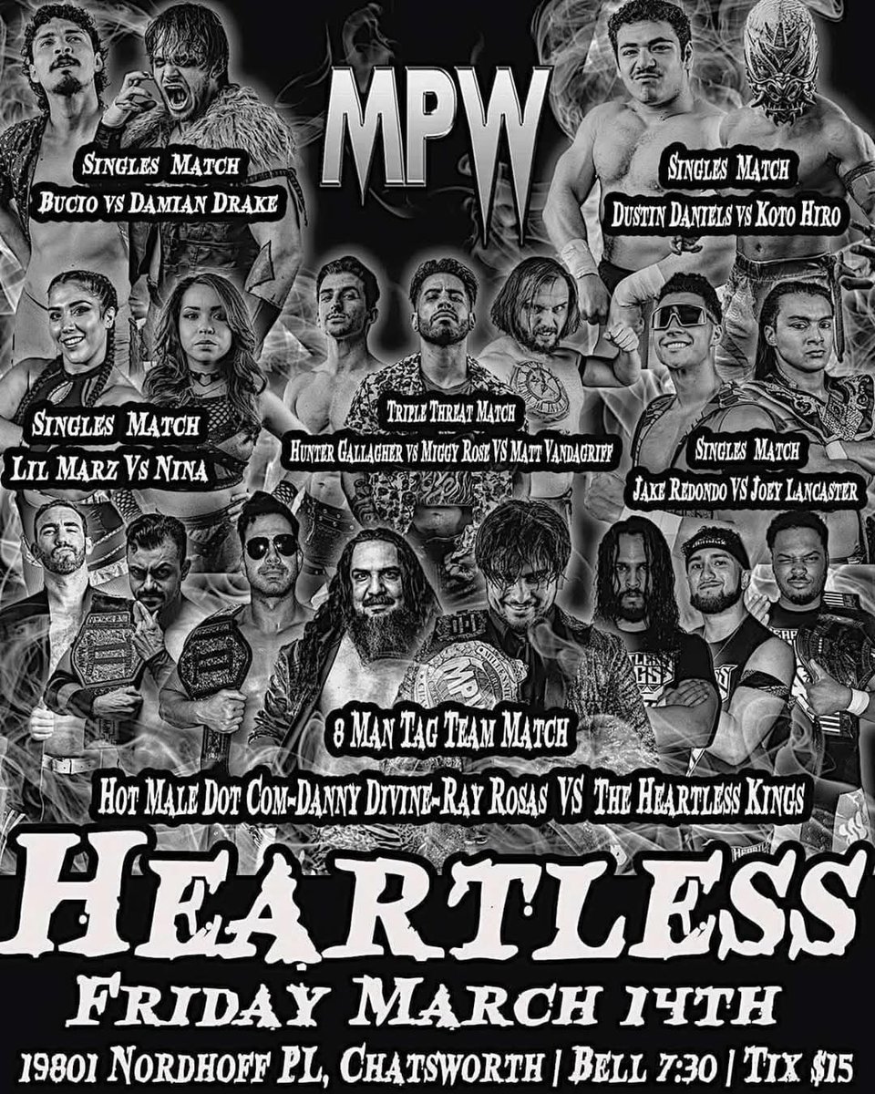 Lam Son ๐ฉ๐ช๐ป๐ณ (@lsv1995) on Twitter photo TODAY | <a href="/MPW_CA/">Millennium Pro Wrestling</a> Heartless
โข 8-Man Tag Team Match
โข <a href="/DustinDaniels_/">JACKED DANIELS</a> ๐๏ธ <a href="/RealKotoHiro/">Koto Hiro / ๆฎๅฎ โฉ๏ธ</a>
โข Bucio ๐๏ธ <a href="/DamianDrakeLV/">DAMIAN DRAKEโฆ</a>
โข Hunter Gallagher ๐๏ธ <a href="/akaMiggyRose/">Miggy Rose ๐๐ฅ</a> ๐๏ธ <a href="/mattvanda209/">NJPW (Matt Vandagriff)</a>
โข Lil Marz ๐๏ธ <a href="/ninawrestling/">๐น๐๐๐ ๐</a>
โข <a href="/jacobredondo18/">Jacob Redondo</a> ๐๏ธ Joey Lancaster
#MPW_CA TODAY | <a href="/MPW_CA/">Millennium Pro Wrestling</a> Heartless
โข 8-Man Tag Team Match
โข <a href="/DustinDaniels_/">JACKED DANIELS</a> ๐๏ธ <a href="/RealKotoHiro/">Koto Hiro / ๆฎๅฎ โฉ๏ธ</a>
โข Bucio ๐๏ธ <a href="/DamianDrakeLV/">DAMIAN DRAKEโฆ</a>
โข Hunter Gallagher ๐๏ธ <a href="/akaMiggyRose/">Miggy Rose ๐๐ฅ</a> ๐๏ธ <a href="/mattvanda209/">NJPW (Matt Vandagriff)</a>
โข Lil Marz ๐๏ธ <a href="/ninawrestling/">๐น๐๐๐ ๐</a>
โข <a href="/jacobredondo18/">Jacob Redondo</a> ๐๏ธ Joey Lancaster
#MPW_CA