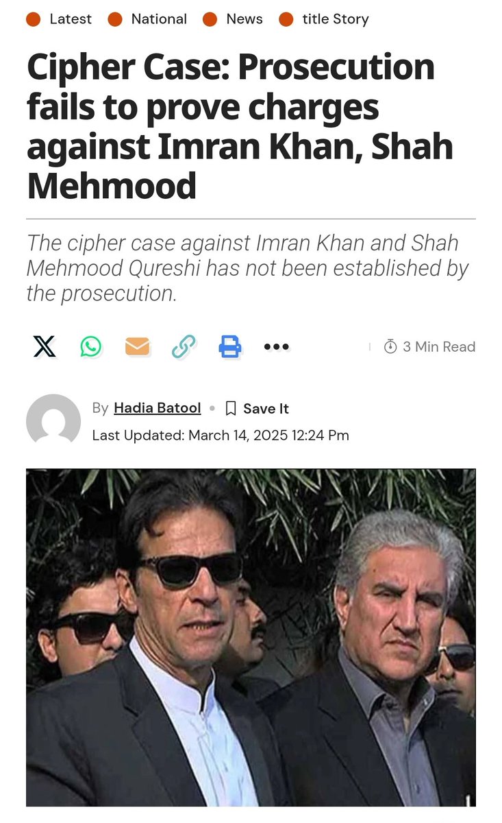 PTIOfficialUSA's tweet photo. No evidence could be presented because no crime was ever committed. The so-called #CipherCase was purely political victimization of Imran Khan and Shah Mehmood Qureshi.
The cipher case against Imran Khan and Shah Mehmood Qureshi has not been established by the prosecution: Islamabad High Court
https://t.co/r8iFYw9Ky5