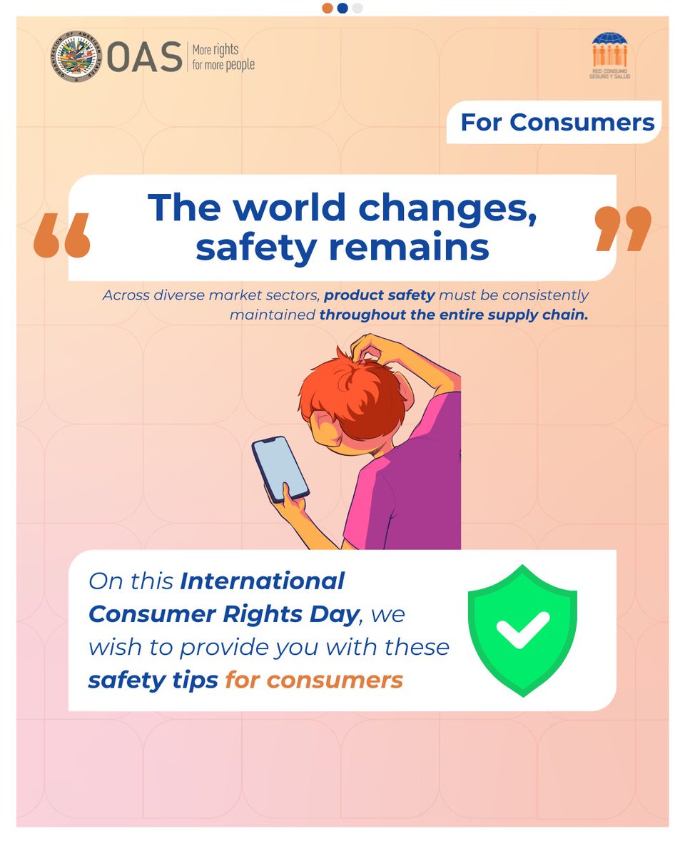 rcss_oea's tweet image. This March 15th, we celebrate International Consumer Rights Day! 🥳 Your safety comes first when choosing and using any product. 🛡️ From online shopping to the technology you use daily, we give you the key tips to be a #SafeConsumer.