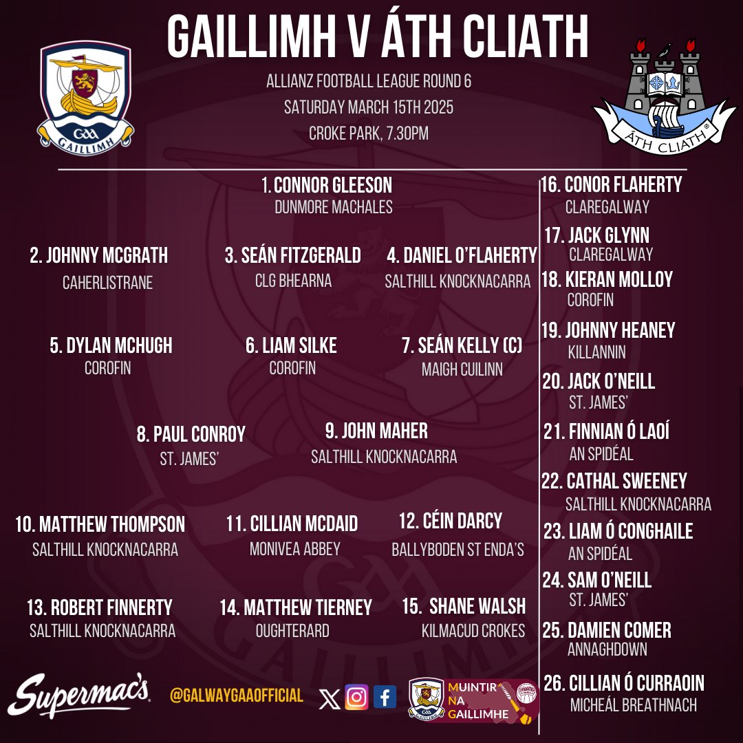 🚨TEAM NEWS 🚨
Our Senior Footballers travel to Croke Park on Saturday to face Dublin in Round 6 of the Allianz Football League.

GALWAY V DUBLIN
🗓️Saturday March 15th 2025
📍Croke Park
🕢Throw-in at 7.30pm
📲Live Score updates via <a href="/WhatstheScor/">Whats The Scór</a>  on our X feed
📻Galway Bay FM &amp;