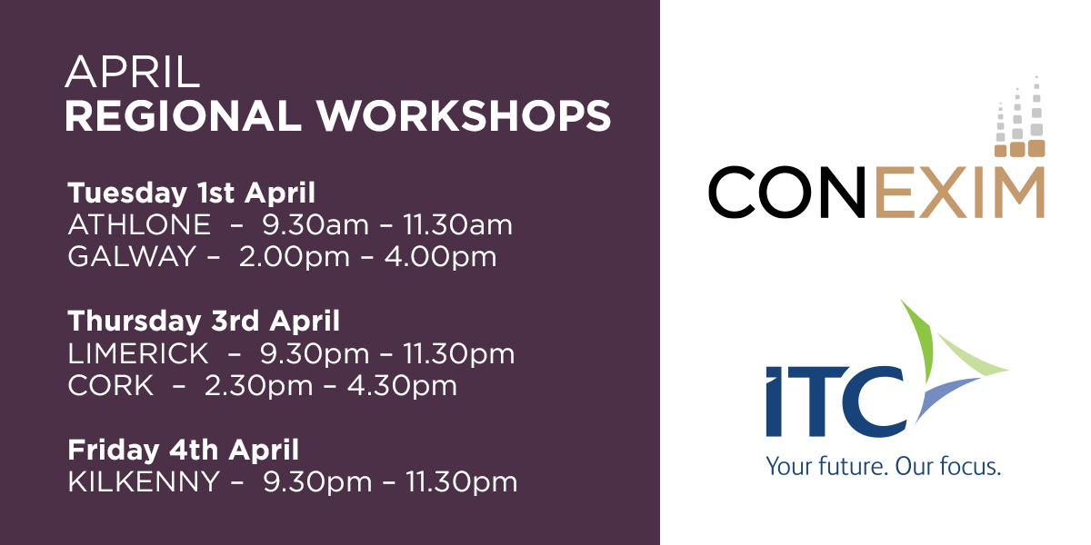 REGIONAL #WORKSHOPS

𝐓𝐮𝐞𝐬 𝟏𝐬𝐭 𝐀𝐩𝐫𝐢𝐥
ATHLONE – lnkd.in/d6F_uVku
GALWAY – lnkd.in/d6tbe7GG 

𝐓𝐡𝐮𝐫 𝟑𝐫𝐝 𝐀𝐩𝐫𝐢𝐥
LIMERICK – lnkd.in/davcZ3Nc
CORK – lnkd.in/de6WckVn

𝐅𝐫𝐢 𝟒𝐭𝐡 𝐀𝐩𝐫𝐢𝐥
KILKENNY – lnkd.in/d-n8zMC9