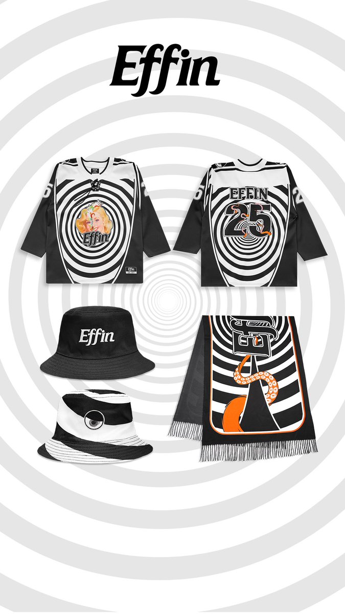 EffinOfficial's tweet image. New EFFIN MERCH 🌀i’m obsessed with 50s media so this one is called The Twilight Zone collection - 
my first ever pash, first ever bucket hat (reversible) and a brand new jersey. Pre - order just went live !! 🐙