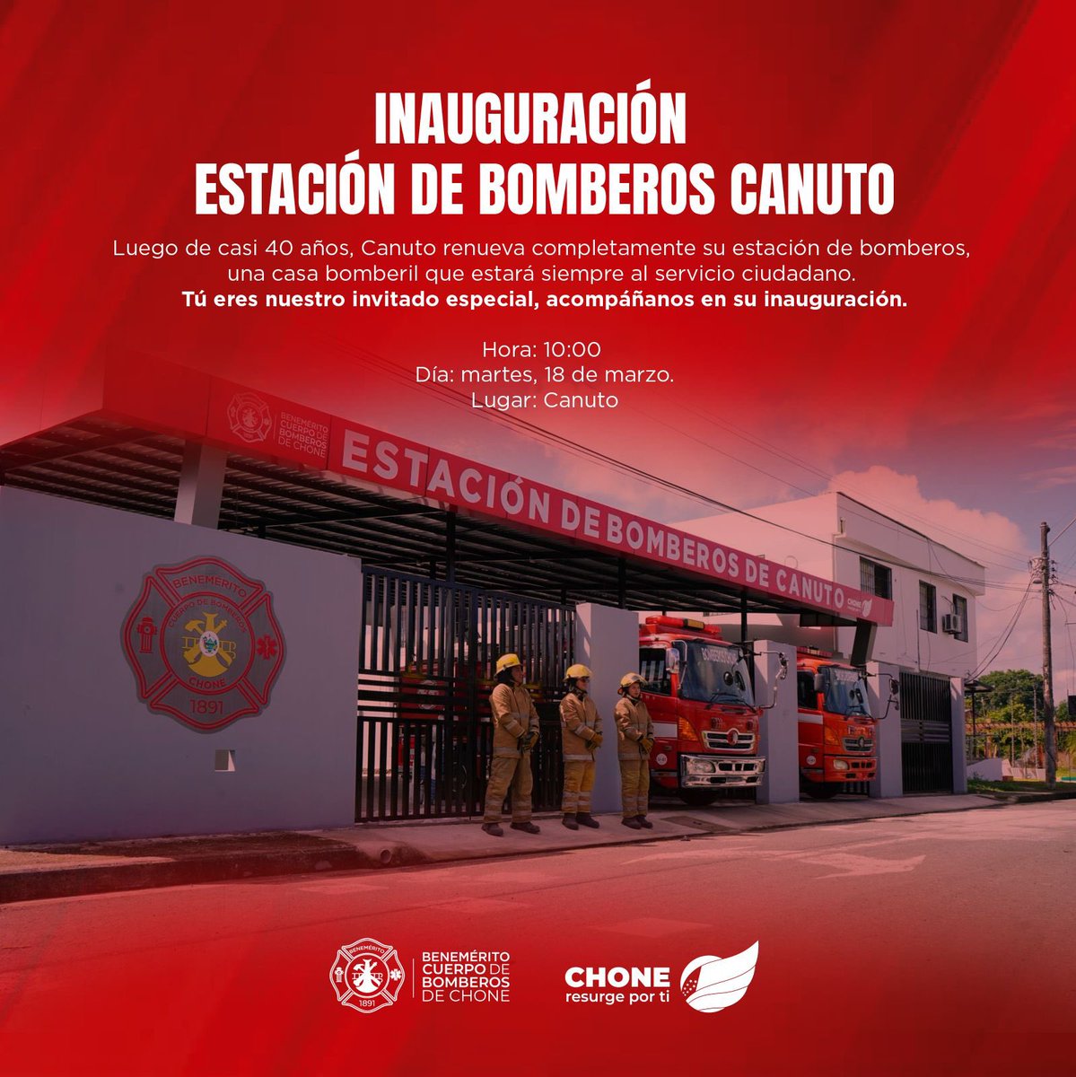 BomberosChone's tweet photo. Canuto recibirá su nueva y moderna estación de bomberos, beneficiando a sus 10 mil habitantes. Acompáñanos a su inauguración. https://t.co/OTvwJdekV8