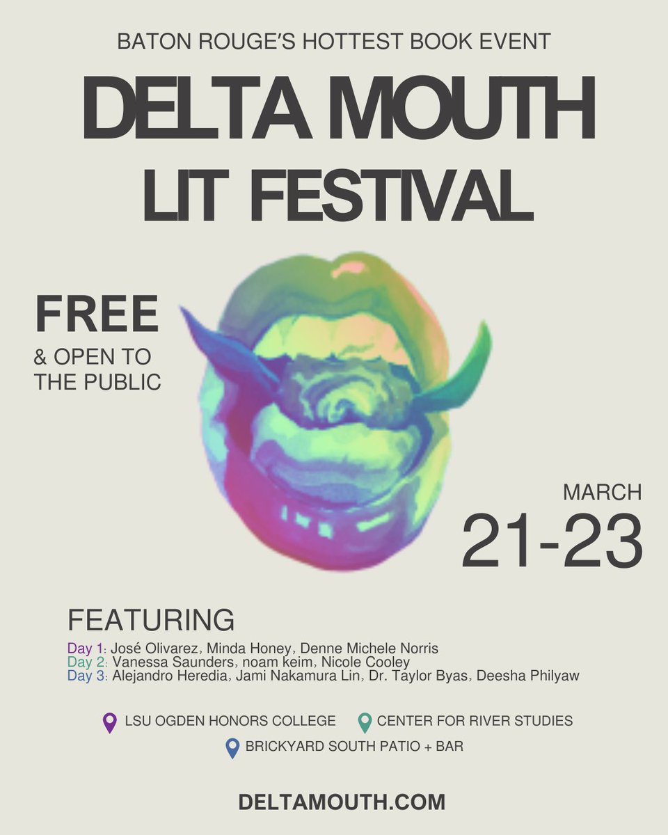 DeltaMouthFest's tweet photo. Ready for Baton Rouge's hottest book event? The 2025 Delta Mouth Literary Festival is only one week away. With our biggest line-up ever, we can't wait to celebrate such literary talent with you. So clear your calendars and make your way to Baton Rouge! https://t.co/TAX8KyfhEd