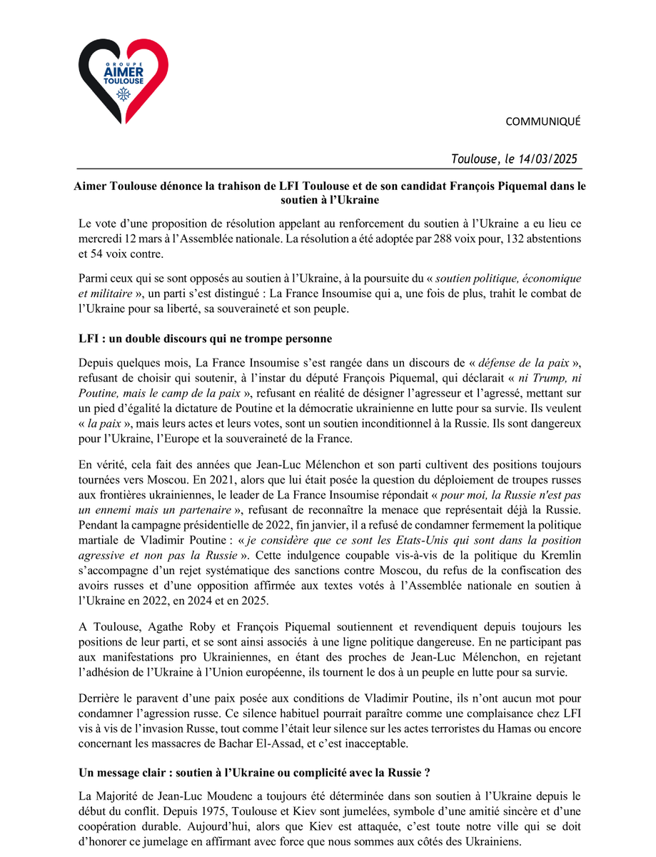 Aimer_Toulouse's tweet photo. [COMMUNIQUÉ] Le 12 mars, La France Insoumise a voté contre une résolution de soutien à l'Ukraine à l'Assemblée nationale. 

Nous dénonçons la trahison de @lfi31 et de son candidat @FraPiquemal  dans le soutien à l’Ukraine.

Retrouvez notre communiqué de presse #SlavaUkraini ⤵️ https://t.co/gpU02RCJH2