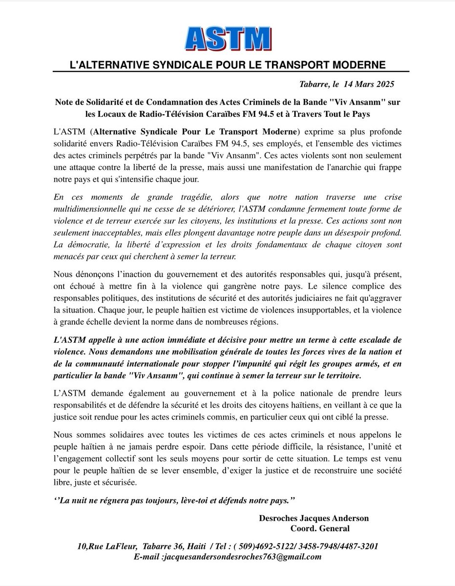 DesrochesJacqu7's tweet image. Note solidarite et de condamnation des actes criminels / RTVC