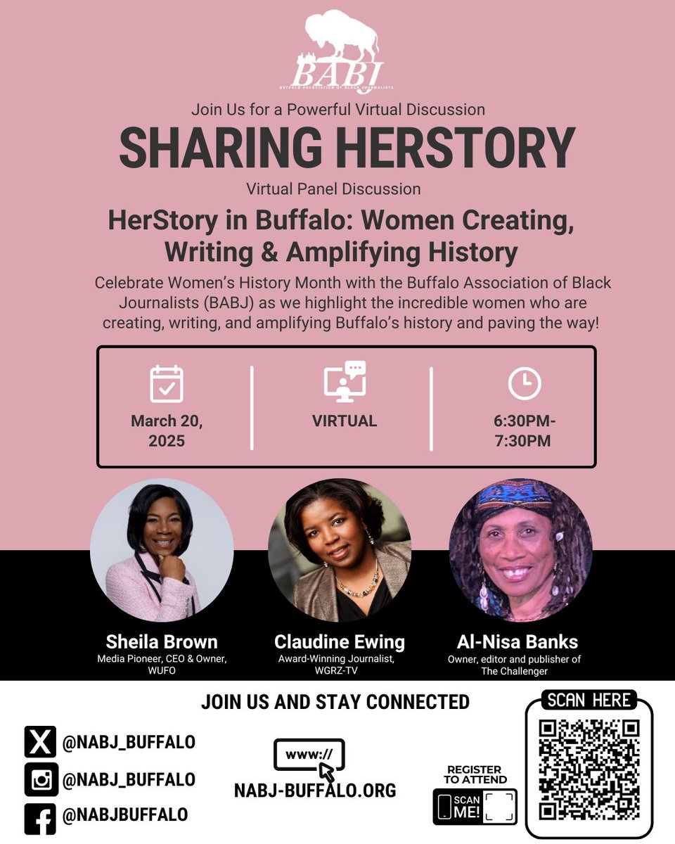jaz_ciel's tweet image. Join @NABJ_Buffalo for a powerful virtual discussion as we celebrate Women's History Month!
🗓️ Date: March 20, 2025
⏰ Time: 6:30 PM - 7:30 PM
📍 Location: Virtual (Zoom)
Register now: us06web.zoom.us/meeting/regist…