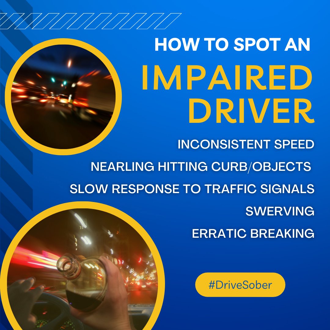 These signs could indicate someone is driving impaired: driving at inconsistent speeds, swerving between lanes, erratic braking + more. If you suspect someone is driving impaired please call 911. We need your help to stop impaired driving before it happens and when it’s happening
