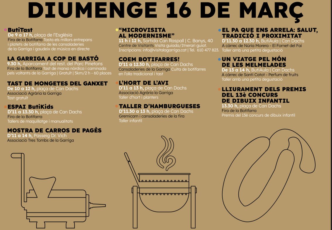 Aquest cap de setmana Fira de la Botifarra de la Garriga!
#ButiAula : espai per gaudir de tastos diversos
#ButiKids : programa d’activitats infantils
#ButiTast : espai per degustar la botifarra i música en directe
#ButiFira : +de 40 parades expositores 

firadelabotifarra.cat