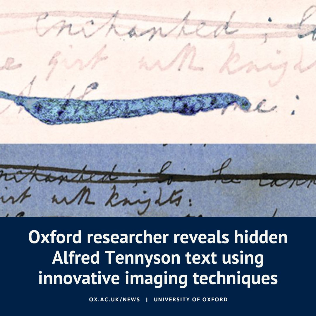 University of Oxford (@uniofoxford) on Twitter photo A new project, led by <a href="/engfac/">Faculty of English</a>'s Dr Michael J Sullivan (<a href="/mj_sullivan1/">Michael J Sullivan</a>), has recovered never before seen text by Alfred Tennyson using a combination of imaging techniques to remove crossings out, marks and ink blots.
More info ⬇️ A new project, led by <a href="/engfac/">Faculty of English</a>'s Dr Michael J Sullivan (<a href="/mj_sullivan1/">Michael J Sullivan</a>), has recovered never before seen text by Alfred Tennyson using a combination of imaging techniques to remove crossings out, marks and ink blots.
More info ⬇️