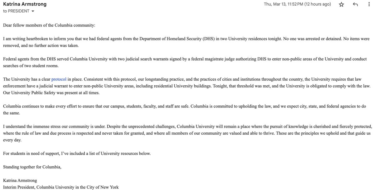 ShaiDavidai's tweet image. Dear Interim President of @Columbia University, Dr. Katrina Armstrong:

It's weird this even needs to be said but you shouldn't be "heartbroken" that federal agents were legally on campus today, backed with court warrants. 

You should be heartbroken about the illegal activity on…