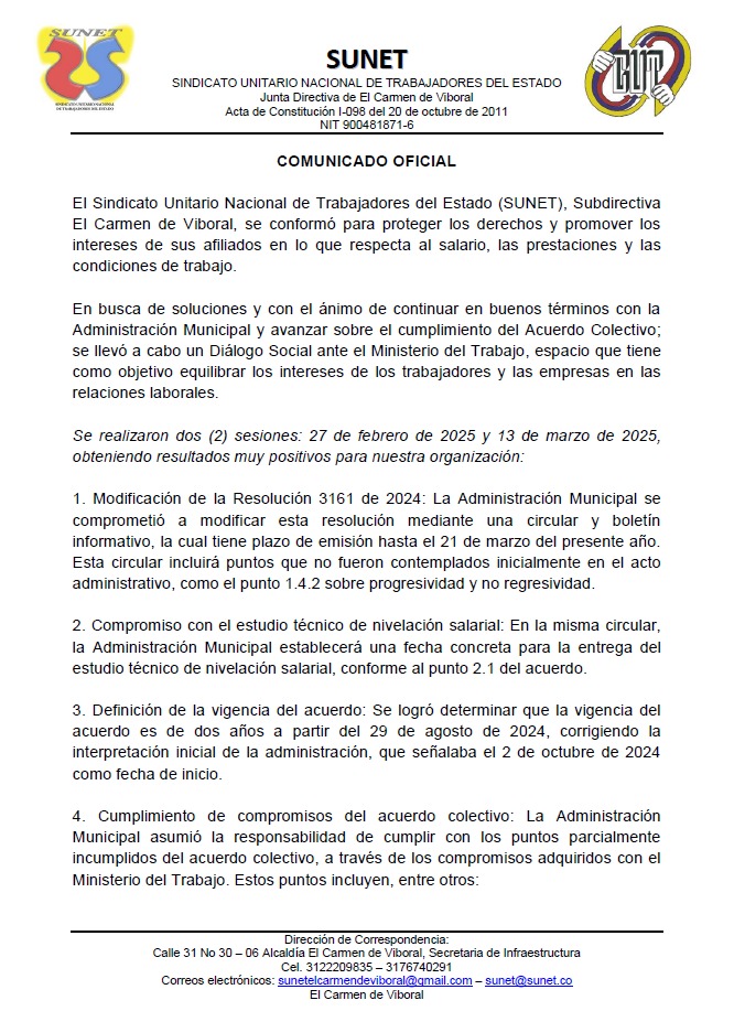 ElSunet's tweet photo. Comunicado a la opinión pública sobre el diálogo social entre la Administración Municipal de El Carmen de viboral y la Organización Sindical SUNET Subdirectiva El Carmen de viboral con medición del Ministerio del Trabajo sobre el Acuerdo Colectivo y los incumplimientos https://t.co/Ru8HXTx86V