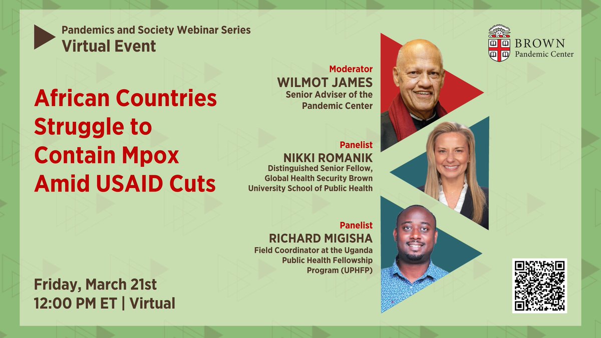 Pandemic Center at Brown School of Public Health (@pandemiccenter) on Twitter photo Join us March 21st for our Next webinar to hear discussions on the current #mpox landscape, past lessons in response, and potential next steps.
This panel will be moderated by Dr. Wilmot James w/ panelists <a href="/NikkiRomanik/">Dr. Nikki Romanik</a> & <a href="/RichardMigisha/">Migisha Richard</a>
Register here:
brown.zoom.us/webinar/regist⦠Join us March 21st for our Next webinar to hear discussions on the current #mpox landscape, past lessons in response, and potential next steps.
This panel will be moderated by Dr. Wilmot James w/ panelists <a href="/NikkiRomanik/">Dr. Nikki Romanik</a> & <a href="/RichardMigisha/">Migisha Richard</a>
Register here:
brown.zoom.us/webinar/registā¦