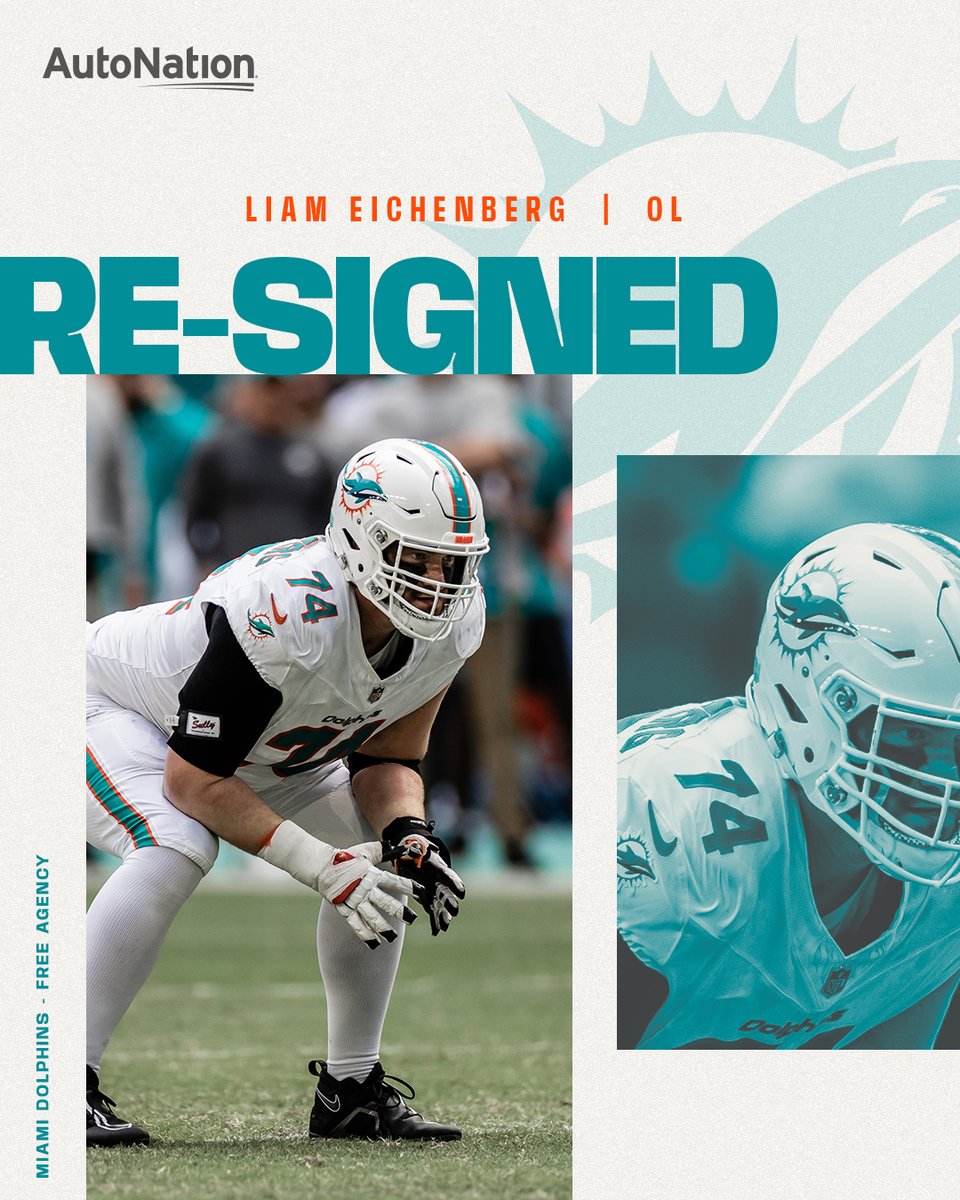 MiamiDolphins's tweet photo. We have re-signed OL Liam Eichenberg.
Welcome back, Liam! ๐ฌ https://t.co/KDclvjsNrv