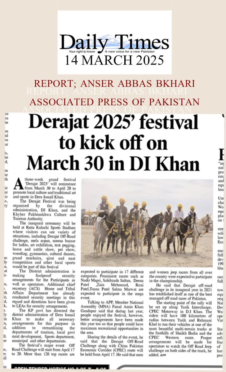 AnserAbbas's tweet photo. ‘Derajat 2025’ festival to commence from 30 March with cultural showcase in #DIKhan https://t.co/JVWr4YoOVc
