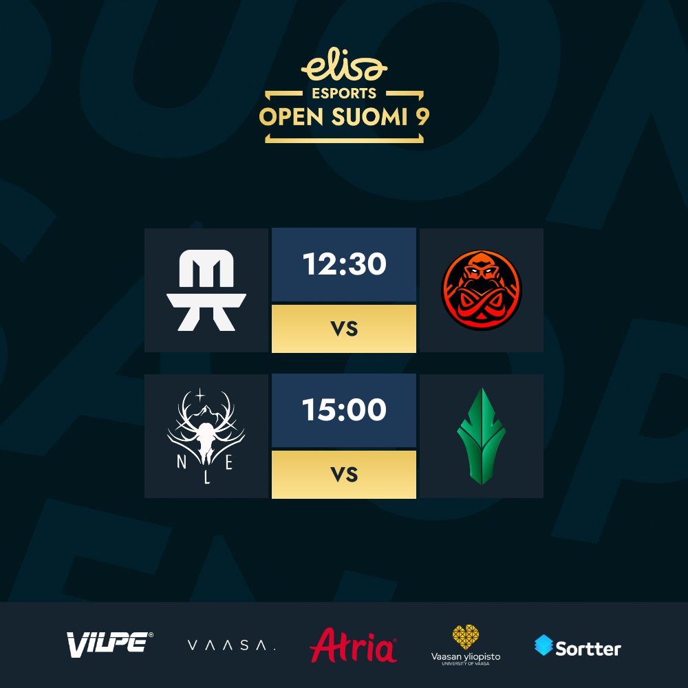 9. kausi käynnistyy tänään!

Voittaja lunastaa paikan Elisa Nordic Championship -turnaukseen 🏆

⏰ 12:30
⚔️ <a href="/eliteklangg/">Elite Klan</a> vs <a href="/ENCE/">ENCE</a> Academy

⏰ 15:00
⚔️ <a href="/northern_legacy/">NLEFI</a> vs <a href="/HAVUgaming/">HAVU</a> 

📺 twitch.tv/elisaviihdespo…
📺 youtube.com/@elisaesports

#ElisaOpen #esportsfi