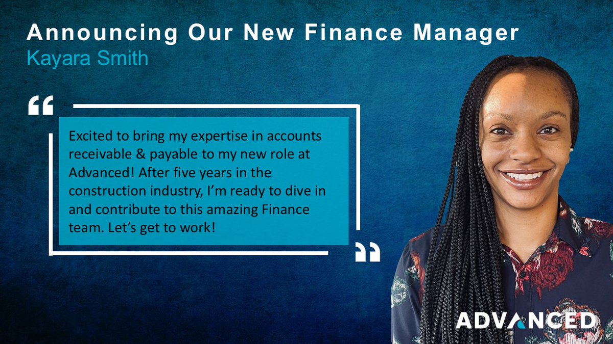 AdvBuildingInc's tweet image. Advanced is thrilled to introduce Kayara Smith, our new Finance Manager! With her expertise and dedication, Kayara will play a key role in strengthening our finance team and supporting our company’s growth and success. #WelcomeToTheTeam #TeamAdvanced