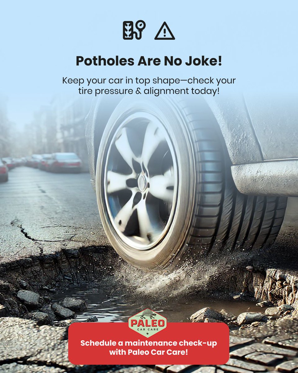 paleocarcare's tweet photo. Pothole Awareness Month is here! 💥🚗
Potholes are more than just a bump in the road—they can wreck your tires, mess with your alignment, and lead to costly repairs. Stay ahead of the damage by keeping your tires in check and letting Paleo Car Care handle the maintenance!⛽🔧 https://t.co/YWjpoe7Y2e