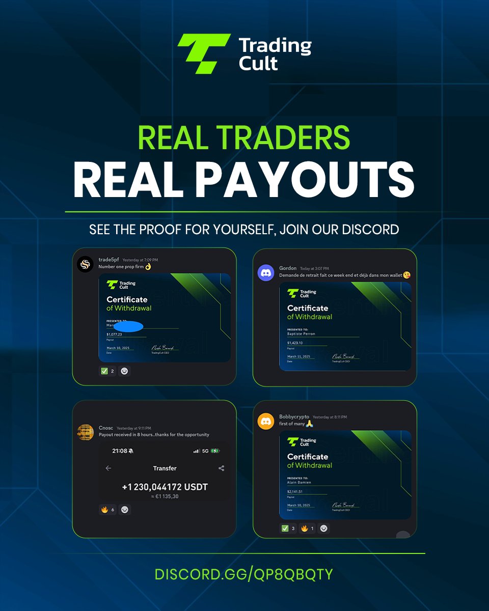 trading_cult's tweet image. REAL TRADERS. REAL PAYOUTS.

The results speak for themselves! At Trading Cult, our traders receive real payouts and enjoy their success.

Join our community discord and see for yourself the live withdrawals!

TradingCult #RealTraders #RealPayouts #TradingSuccess #PropFirm