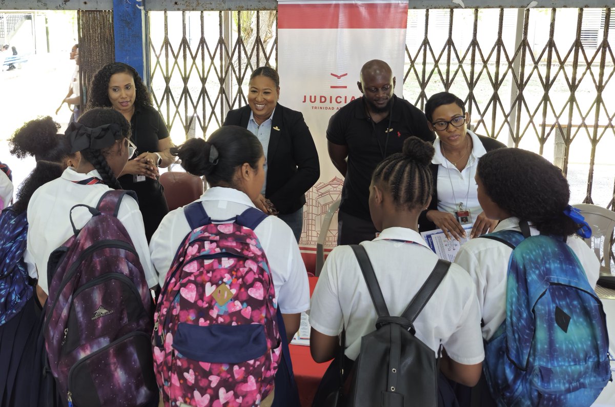 TTJudiciary's tweet photo. The staff of the Judiciary of T&T engaged with students at Marabella North Secondary School's Career Day on March 11, 2025. Students learned about the Judiciary's functions and explored potential career opportunities! 🙌💼 #TTJudiciary https://t.co/XzSB29kQCT