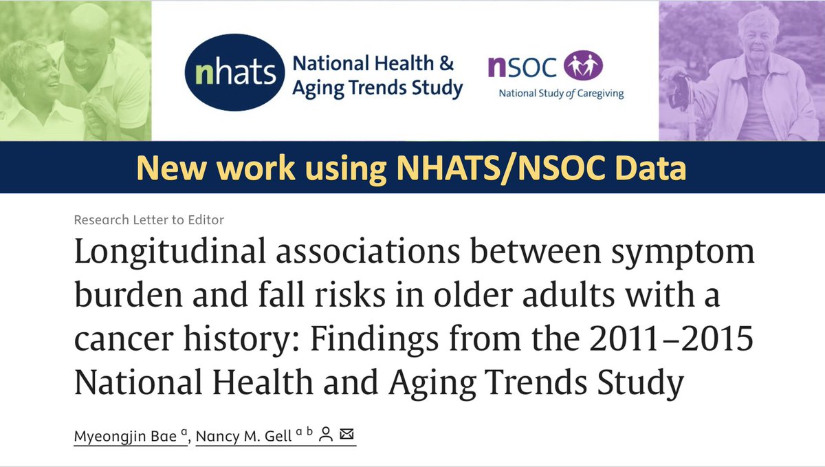New work using #NHATS/#NSOC data by Drs. Bae &amp; Gell in The Journal of Geriatric Oncology:

#Longitudinal #associations between #symptom #burden and #fall #risks in #olderadults with a #cancer #history: Findings from the 2011–2015 National Health and Aging Trends Study

"Symptoms