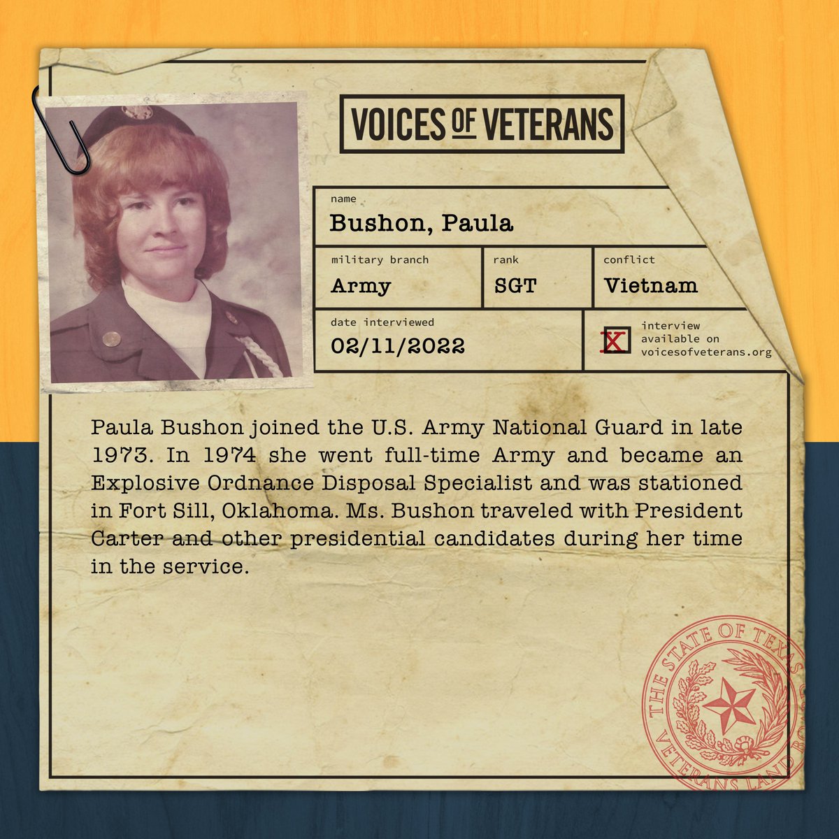 VLB Chairwoman Dawn Buckingham, M.D., is proud to introduce the next installment of the series highlighting the VLB's <a href="/VoiceOfVeterans/">Voices of Veterans</a> Program.

This week, we highlight the service of Sergeant Paula Bushon.

Listen to her story here:
glo.texas.gov/about-glo/pres…