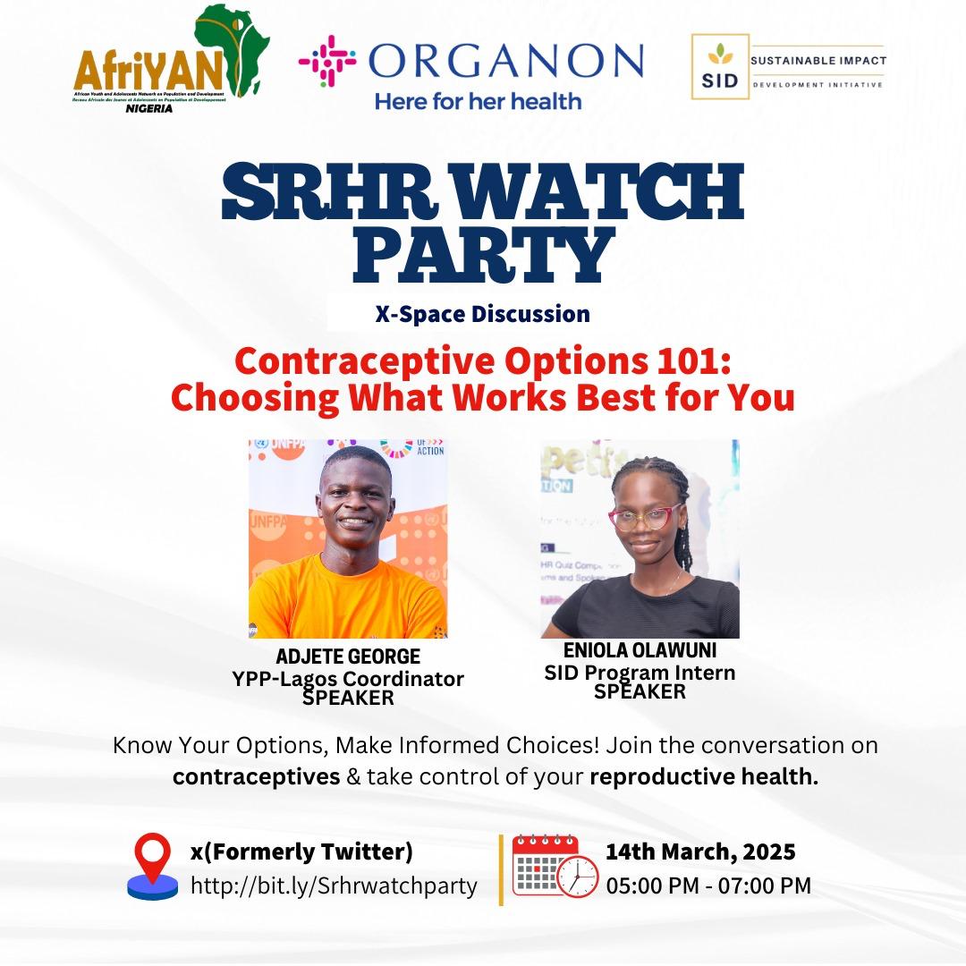 Ongoing: join this us now as we discuss contraceptives options for young people! 

Don't miss this insightful conversation!

Happening at <a href="/Sidinitiative/">Sustainable Impact and Development Initiative</a> space

#SRHRWatchParty
#HerPowerHerPlan
<a href="/OrganonLLC/">Organon</a>