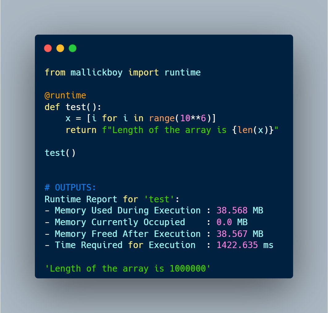 themallickboy's tweet photo. 🚀 Just published my first PyPI package

A simple @runtime decorator to track:
✅ Execution time 
✅ Peak &amp; occupied memory
✅ Memory freed after execution

Try it with:   
𝒑𝒊𝒑 𝒊𝒏𝒔𝒕𝒂𝒍𝒍 𝒎𝒂𝒍𝒍𝒊𝒄𝒌𝒃𝒐𝒚

More useful packages coming soon! 🚀
#Python #PyPI #Programming https://t.co/hfwz9fE2Gg