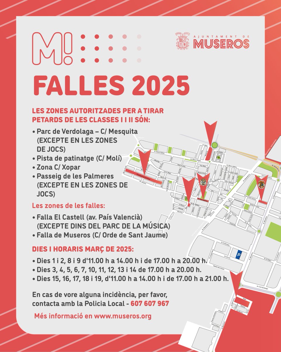 🧨 FALLES 2025

⚠️ Vos recordem les zones autoritzades on es poden tirar petards, els dies exactes i els horaris permesos.

ℹ️ En la nostre web podeu trobar el document d'autorització per a menors: museros.org/inici/petards-…