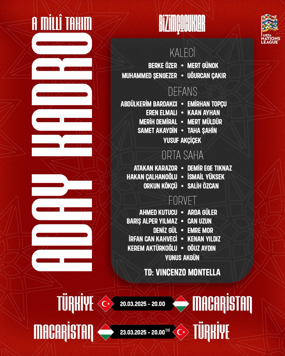 A Millî Takımımızın, UEFA Uluslar Ligi play-off turunda Macaristan ile 20 ve 23 Mart tarihlerinde oynayacağı maçların aday kadrosu açıklandı! 🇹🇷